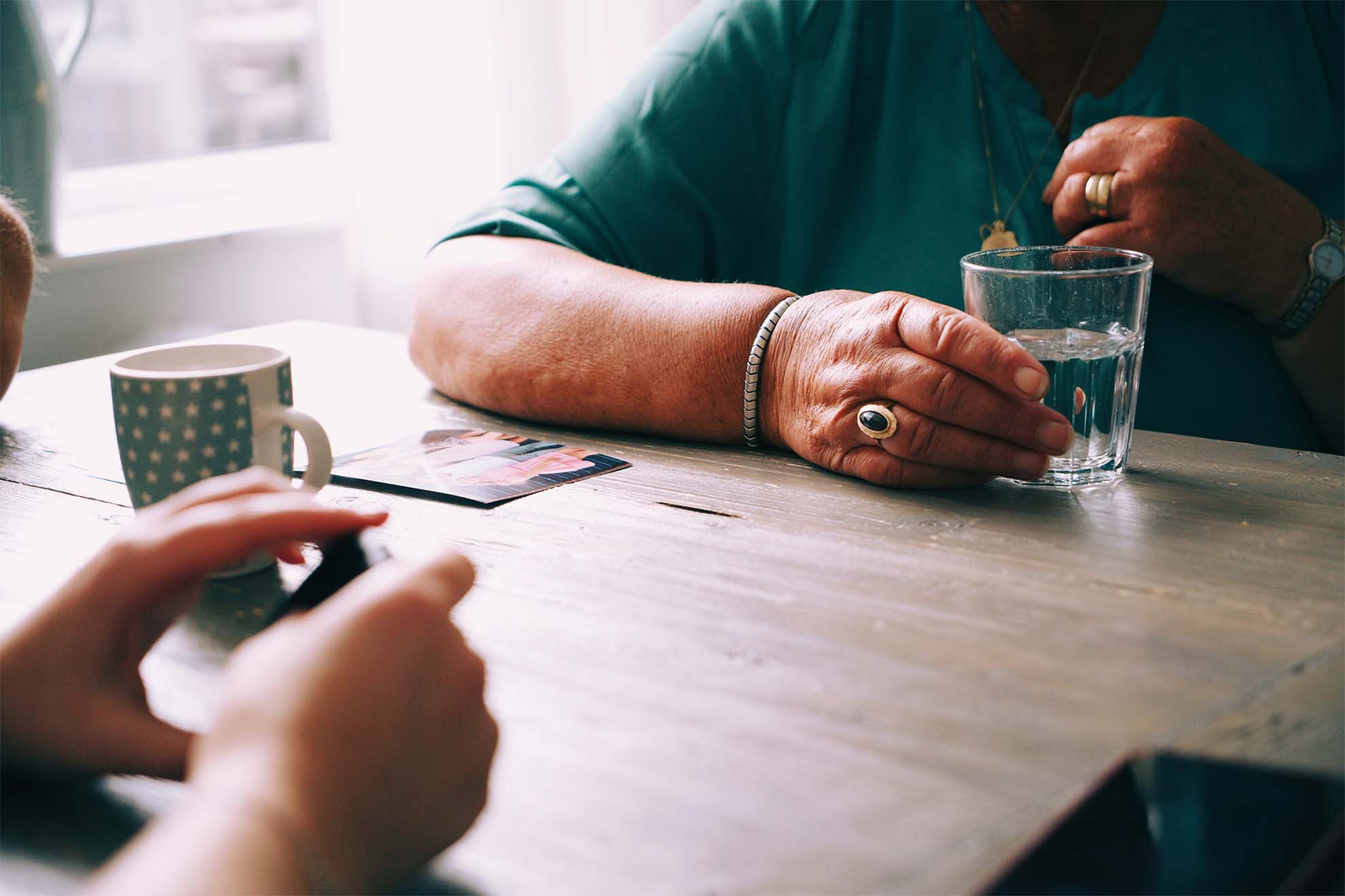 people talking over a table